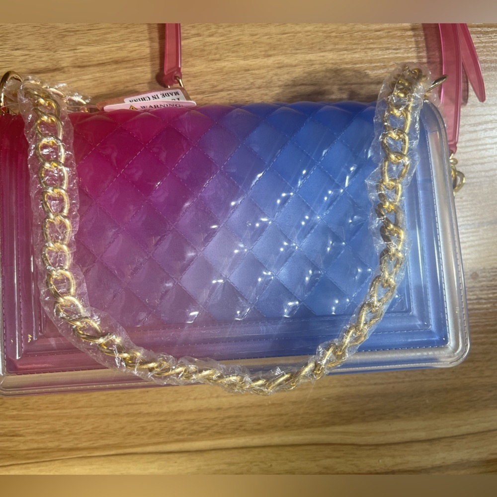 NEW! Jelly Ombré Two tone Pink Purple Blue Quilted Goldtone Chain Purse - Picture 4 of 6